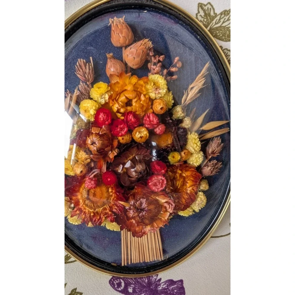 Vintage 1970s Cideart Belgium Dried Flower Oval Brass Frame Bubble Glass Cottage